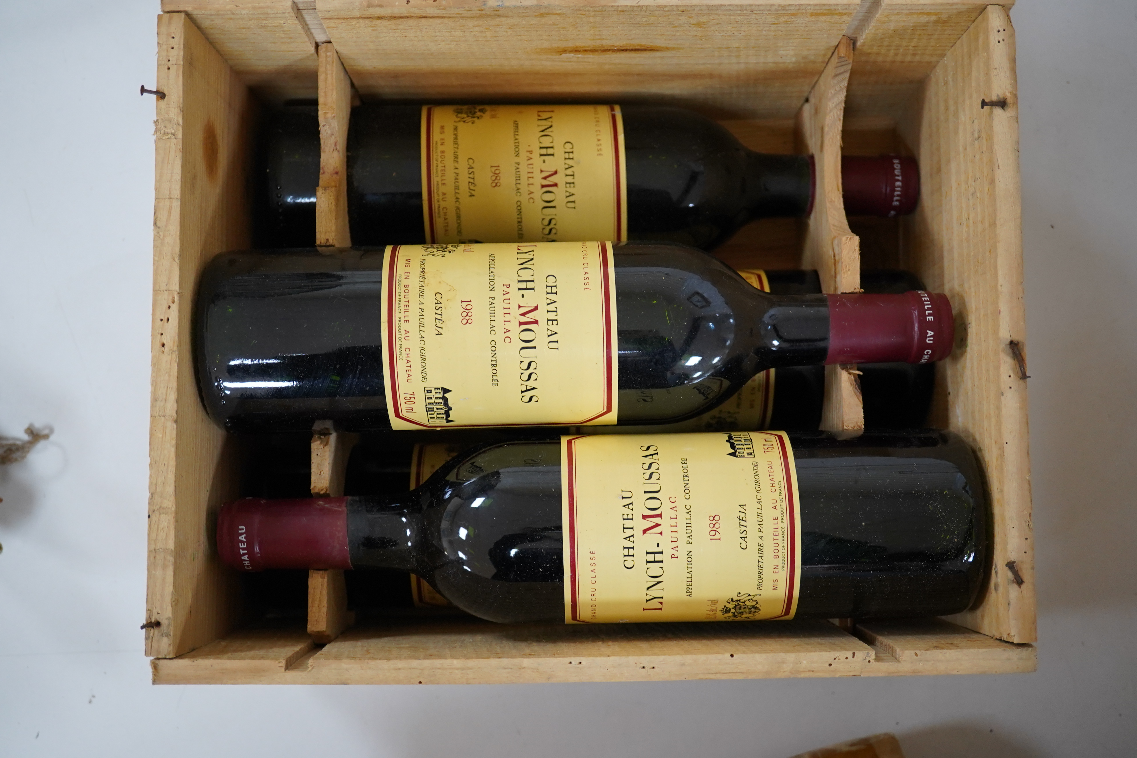 Five bottles of Chateau Lynch Moussas 1988 Pauillac OWC. Condition - storage unknown